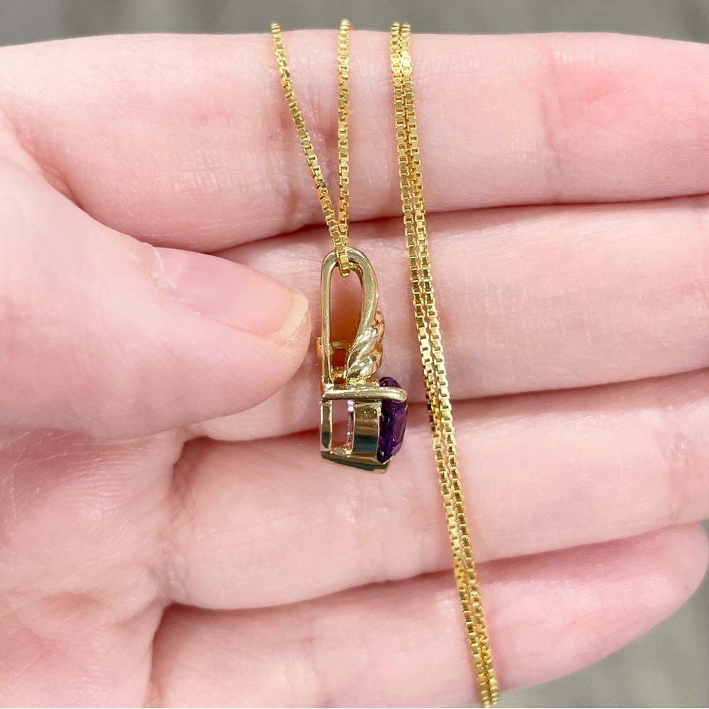 14K Amethyst heart cut dark purple genuine natural petite yellow gold pendant - Picture 7 of 9
